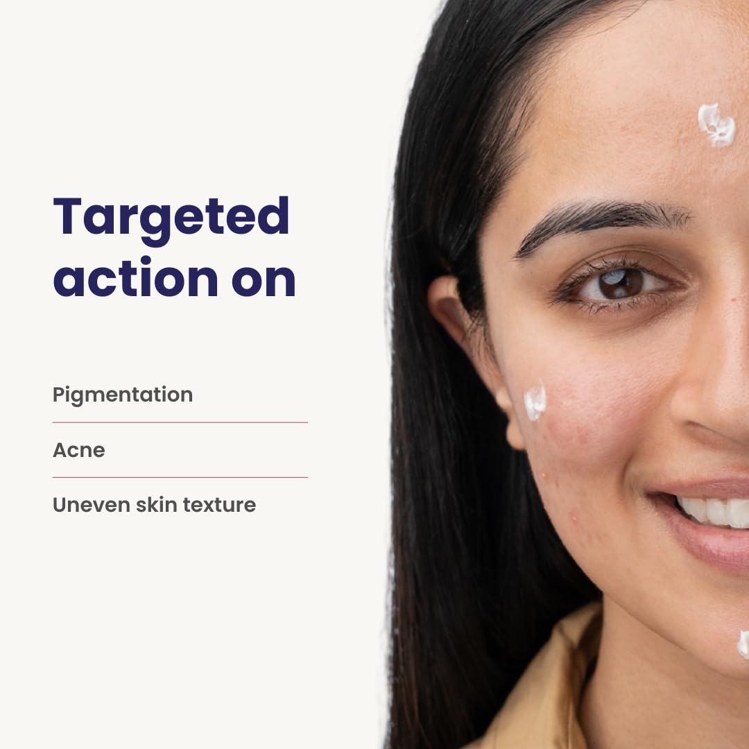 Woman with skincare product on face, text about targeted actions on skin issues.