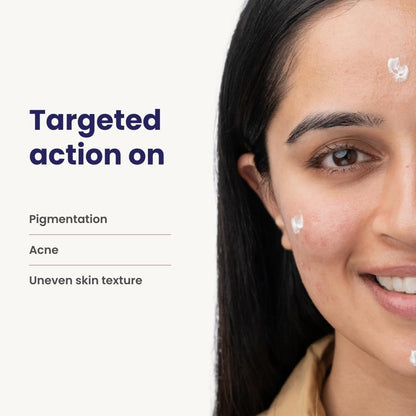 Woman with skincare product on face, text about targeted actions on skin issues.