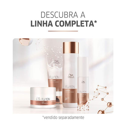 Wella Fusion hair care products on a white background with text in Portuguese.