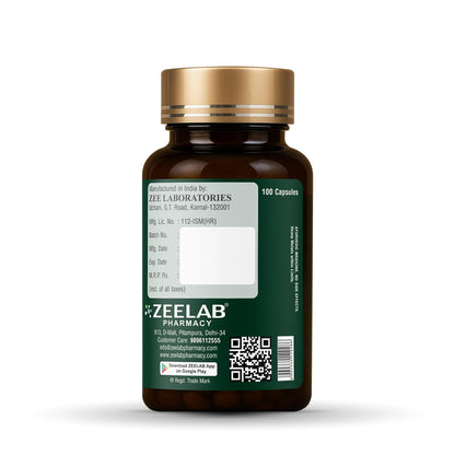 Brown supplement bottle with gold cap and Zeelab Pharmacy label on a white background