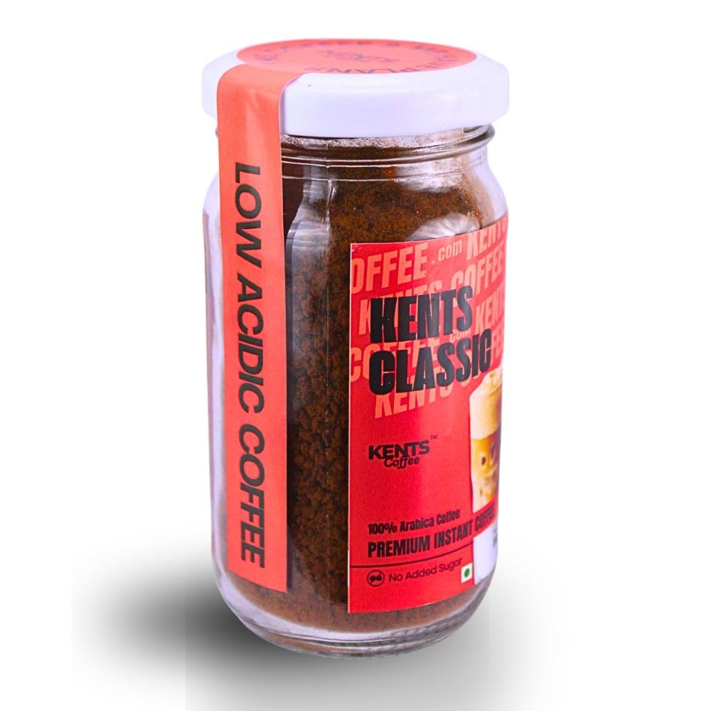 Kents Coffee Classic Instant Coffee (50g) | 100% Arabica from Chikmagalur | Low Acid Coffee | Medium Roast, Rich & Smooth Taste | No Added Sugar & No Preservatives | Espresso, Latte & Cappucino| Hot & Cold Coffee | 50g Unbreakable Jar