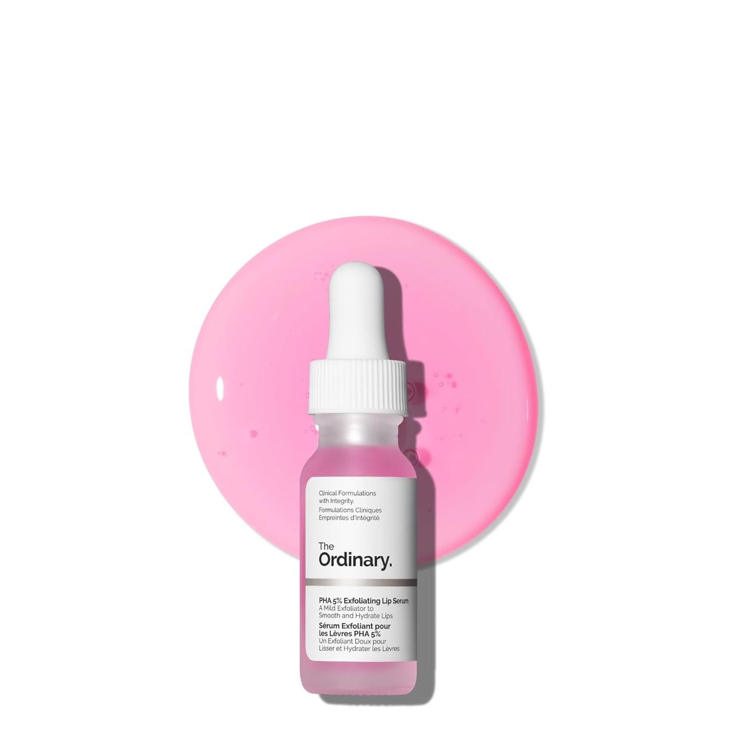 The Ordinary skincare serum bottle with a pink circular background