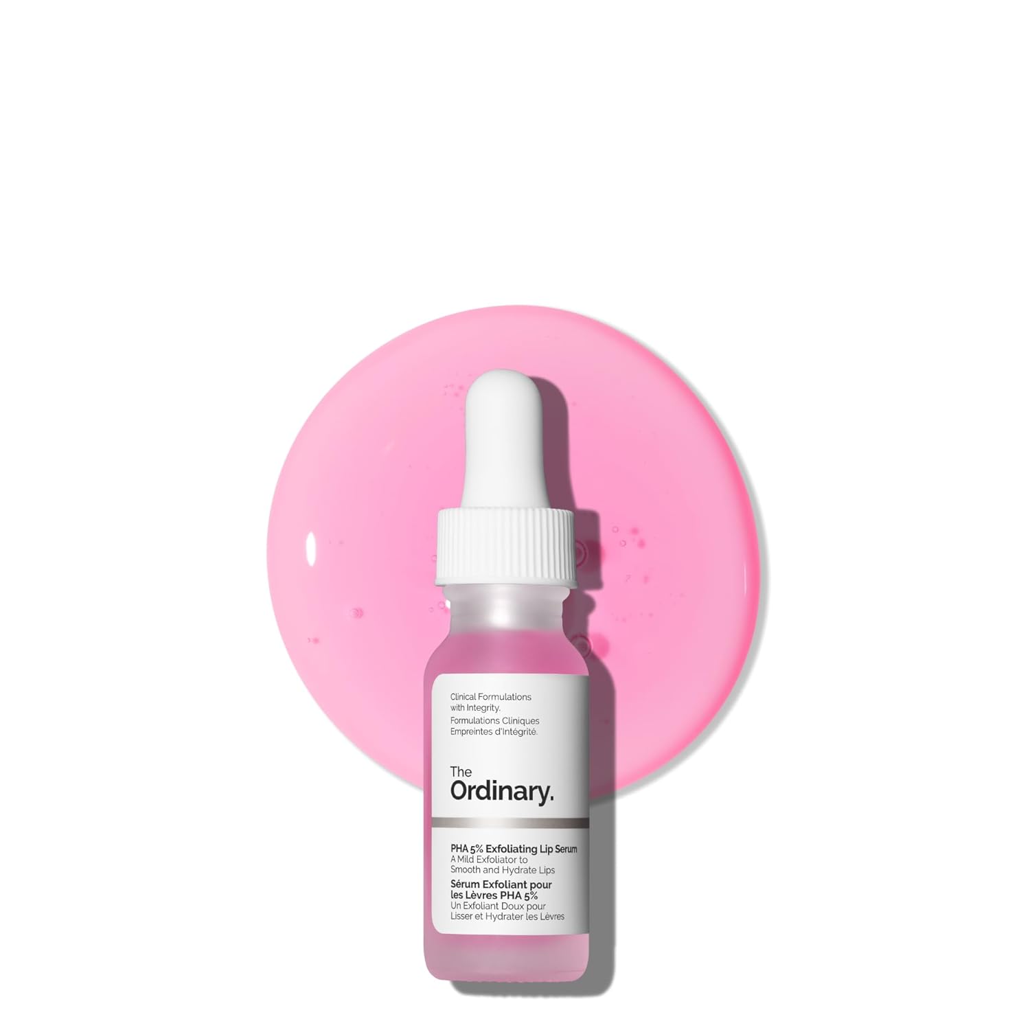 The Ordinary skincare serum bottle with a pink circular background