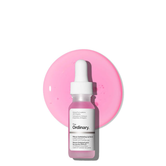 The Ordinary skincare serum bottle with a pink circular background