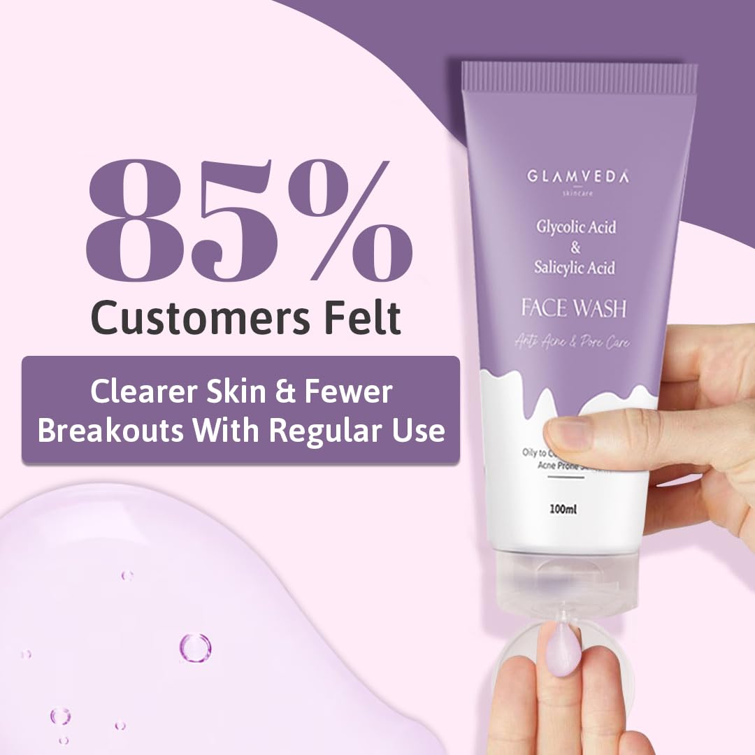 Glamveda Glycolic Acid & 0.05% ww Salicylic Acid Anti Acne face wash | For Oily & Acne Prone Skin | Oil balancing, Deep Cleansing | No Paraben, SLS | 100 ml