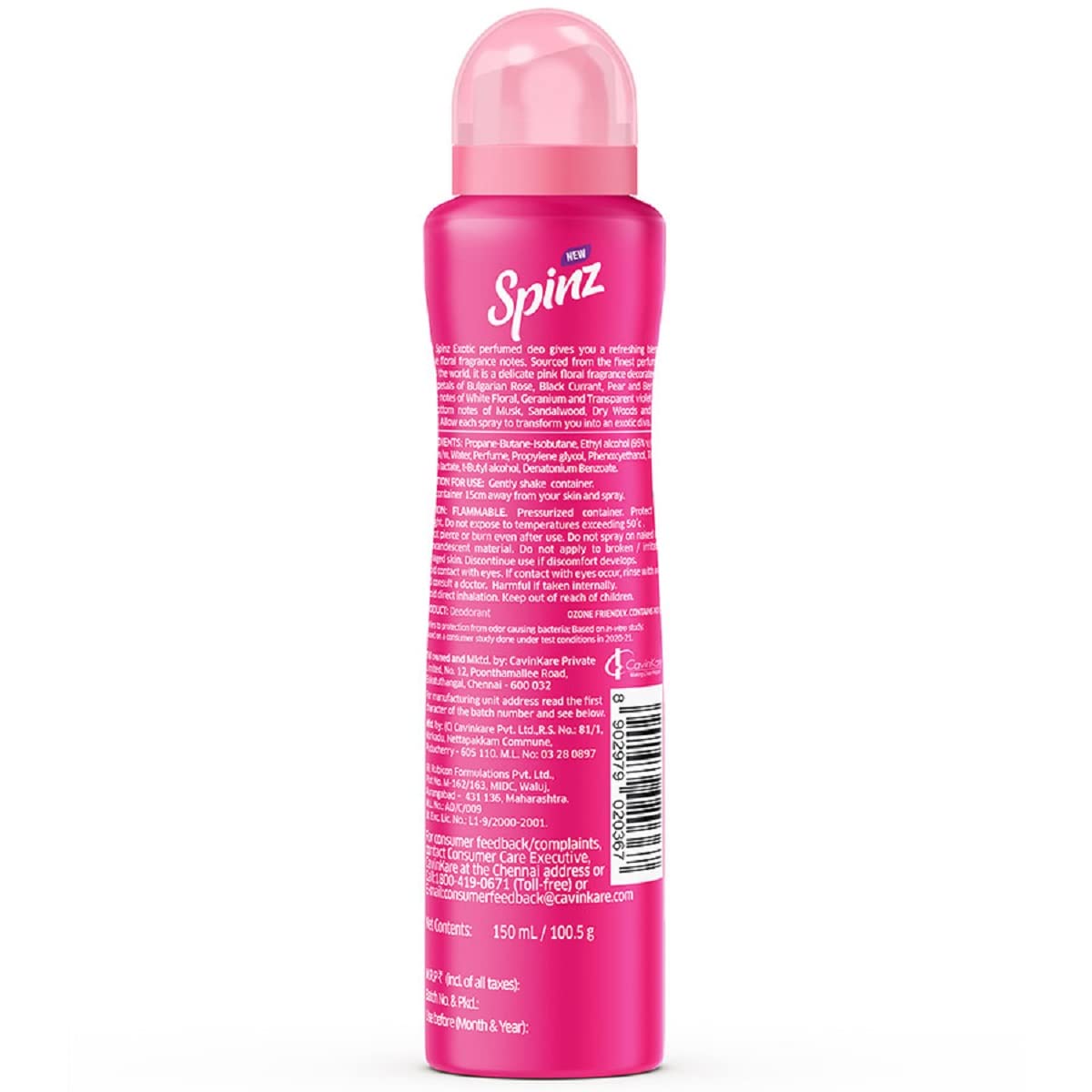 Spinz Exotic Perfumed Deo for Women, with Bulgarian Rose Fragrance for Long Lasting Freshness and 24 Hours Protection from Odour causing Bacteria, 150ml