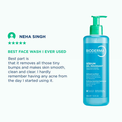 Bioderma face wash bottle with customer review on a white background