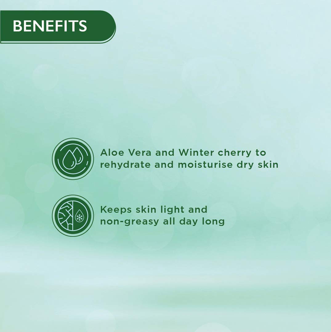 List of benefits including Aloe Vera and Winter cherry for skin care on a green background