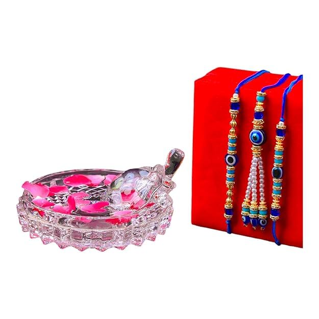 SAUDEEP INDIA Feng Shui Crystal Tortise with Plate for Good Luck with Evil Eye Lumba/Couple Rakhi Set Brother Bhabhi | Turtle for Vastu Home Decor(1 Lumba, 2 Brother)