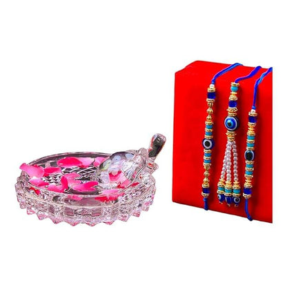 SAUDEEP INDIA Feng Shui Crystal Tortise with Plate for Good Luck with Evil Eye Lumba/Couple Rakhi Set Brother Bhabhi | Turtle for Vastu Home Decor(1 Lumba, 2 Brother)
