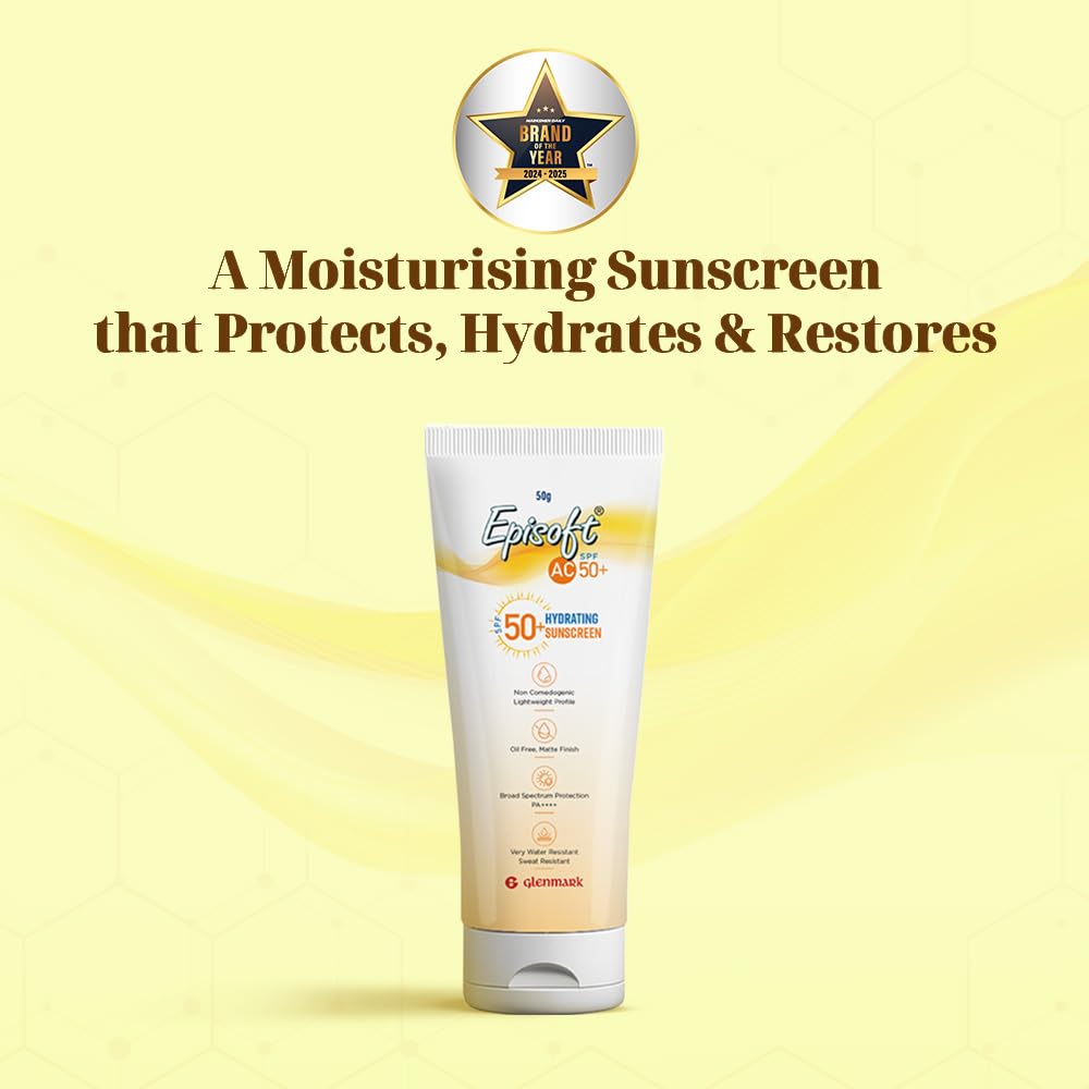 Episoft sunscreen tube with text on a yellow background