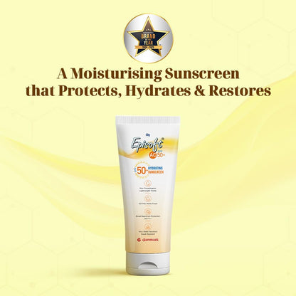 Episoft sunscreen tube with text on a yellow background