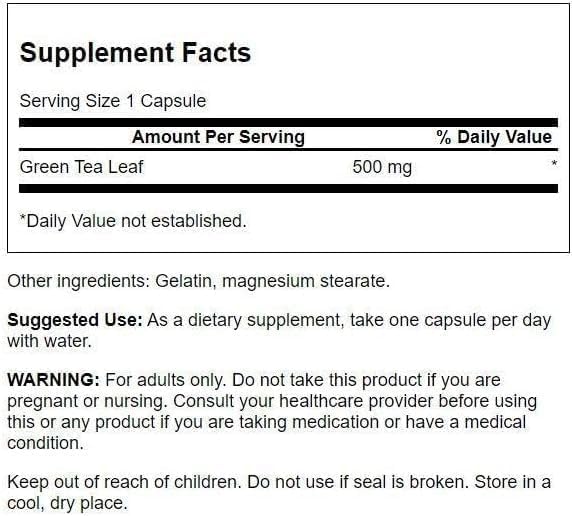 Supplement facts label for a green tea leaf supplement with serving size, amount per serving, and usage instructions.