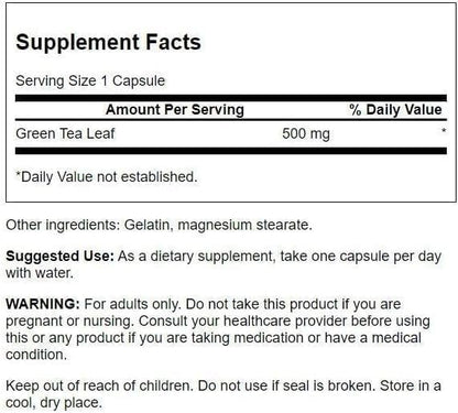 Supplement facts label for a green tea leaf supplement with serving size, amount per serving, and usage instructions.