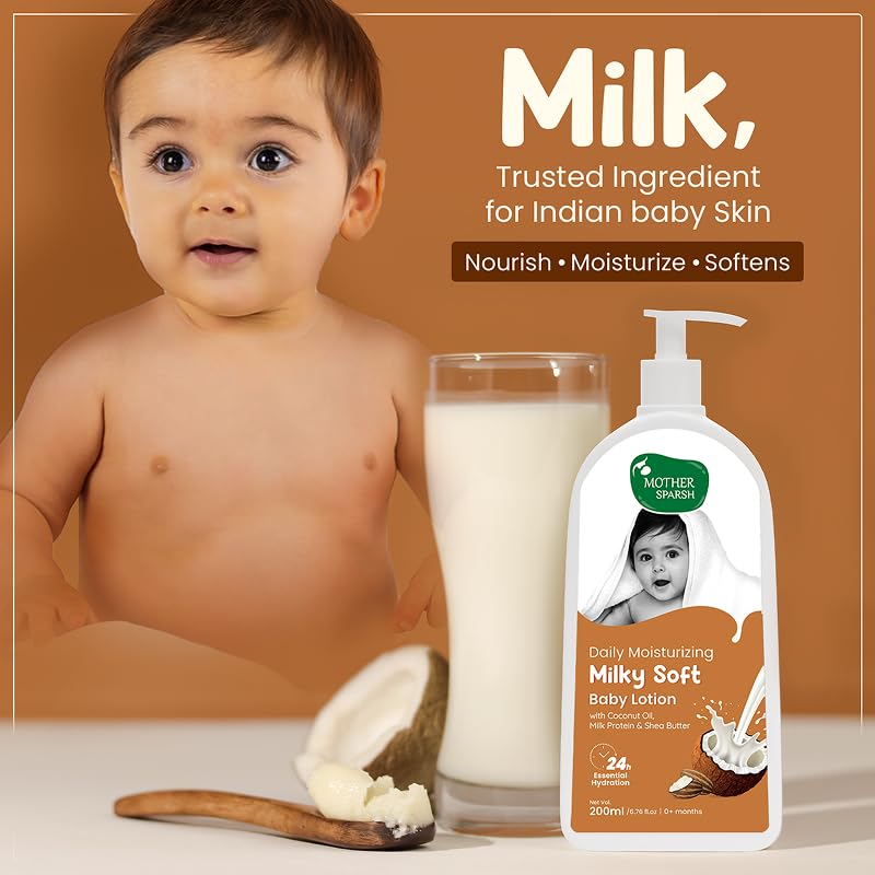 Mother Sparsh Milky Soft Baby Lotion - 200ml | with Milk Protein, Coconut Oil & Shea Butter | For 24Hrs Moisturization