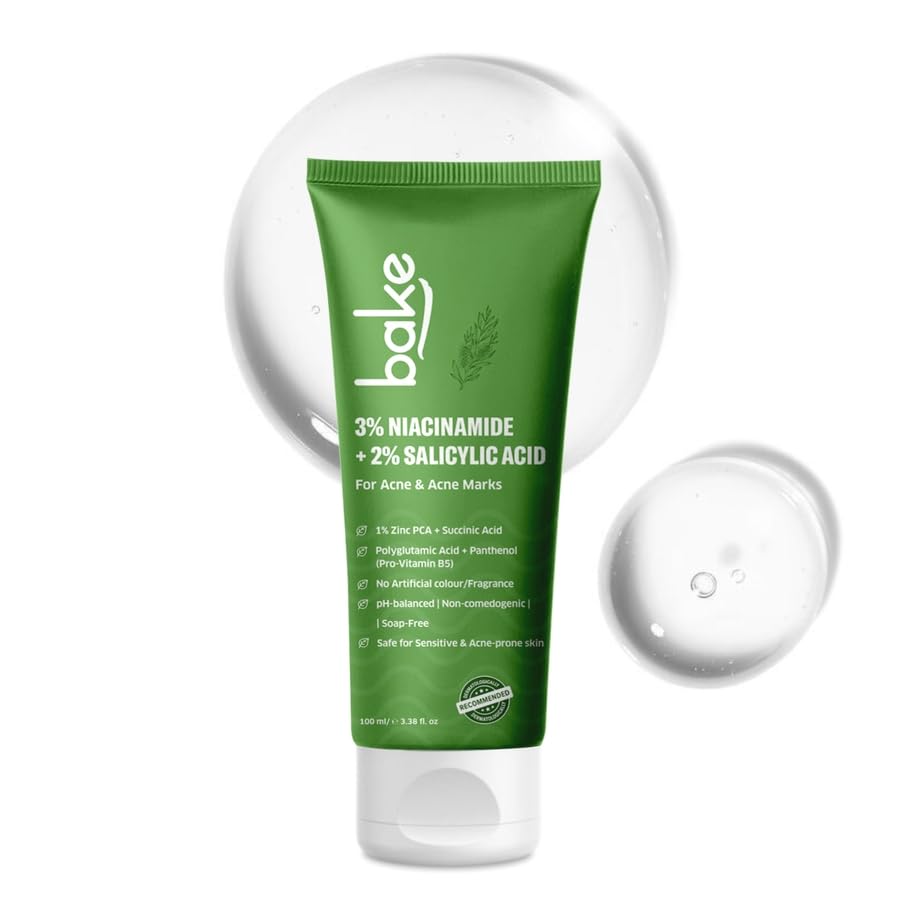 BAKE 2% Salicylic Acid & 3% Niacinamide Face Wash for Oily, Acne-Prone Skin | Treats Active Breakouts & Fades Marks & Dark Spots | Daily Anti-Acne Cleanser - 100ml