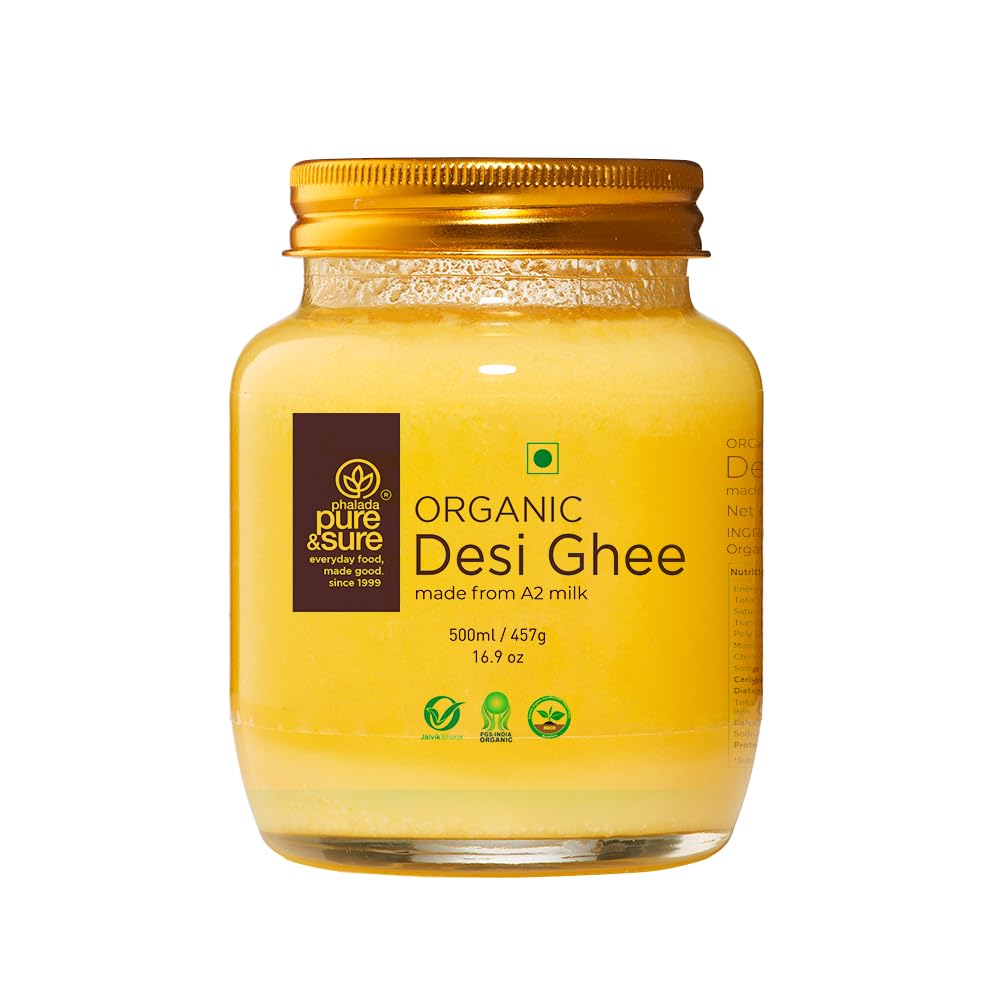 Pure & Sure Organic A2 Desi Ghee | 100% Pure Cow Ghee | Made by Traditional Bilona Method | Curd-Churned | Natural Immunity Booster & Other Benifits (Glass Jar)