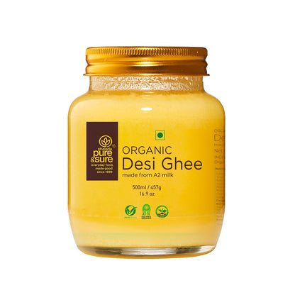 Pure & Sure Organic A2 Desi Ghee | 100% Pure Cow Ghee | Made by Traditional Bilona Method | Curd-Churned | Natural Immunity Booster & Other Benifits (Glass Jar)