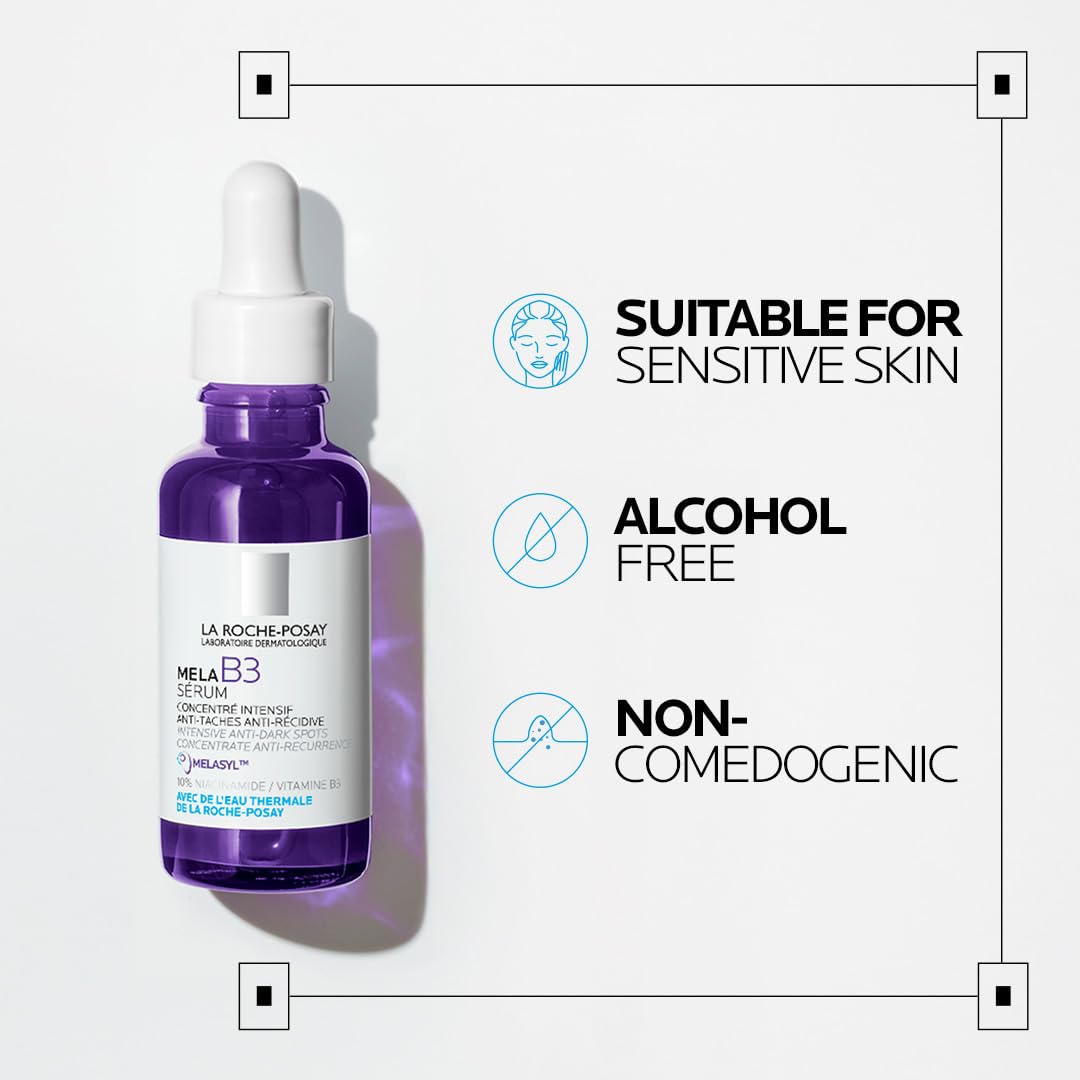 Purple skincare serum bottle with white dropper on a light gray background, featuring text about skin compatibility.