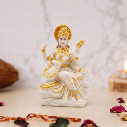 Mini Handcrafted Saraswati maa Idol (3 Inch) – White & Gold Finish Resin Murti with Veena for Home Mandir, Study Desk Décor & Spiritual Gift