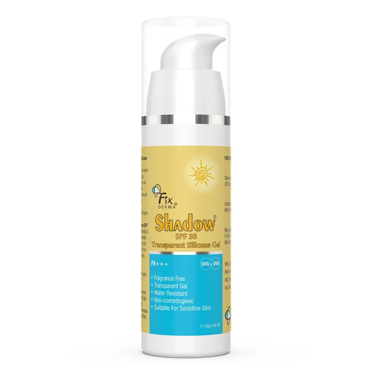 Fixderma Shadow Sunscreen SPF 30 PA+++ Transparent Silicone Gel | For Acne prone and Sensitive Skin | Light Weight, Oil-Free & Water Resistant | Non-Comedogenic Sunscreen | for Women & Men - 30gm