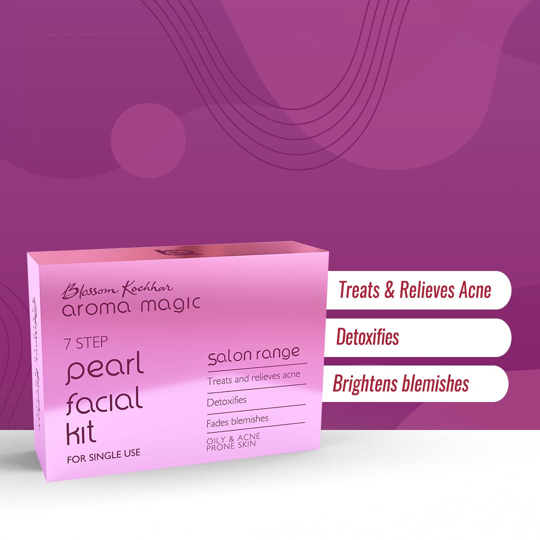 Aroma Magic 7 step Pearl Facial Kit| Anti-Acne, Detox & Lighten blemishes| Pearl Bhasma, Seaweed Extracts| Oily & Acne Prone Skin| Single Use| Pack of 1 (30g + 18ml)