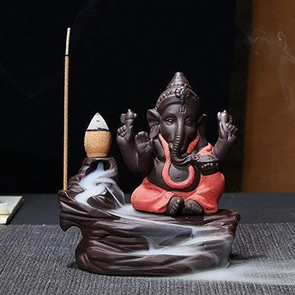 Lord Ganesha Smoke Backflow Incense Holder with Includes 10 Free Scented Cones| Ganesh Murti Decorative Showpiece for Temple, Pooja, Meditation, Yoga & Home Dcor | (Red)
