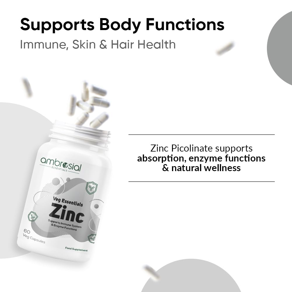 Supplement bottle labeled 'ambrosial' with text about zinc benefits on a white background