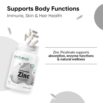 Supplement bottle labeled 'ambrosial' with text about zinc benefits on a white background