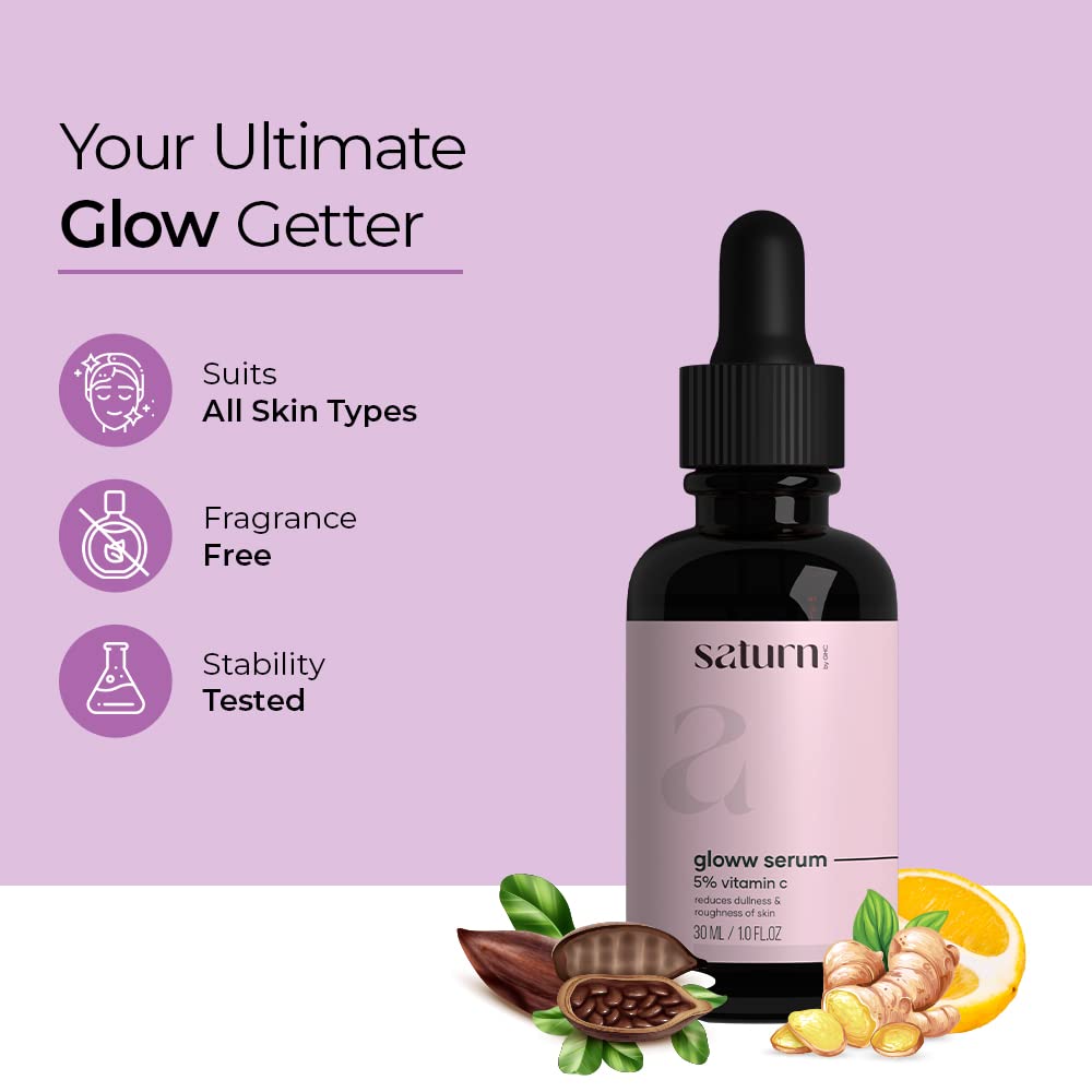 Saturn by GHC Glow Skin 5% Vitamin C Face Serum with Niacinamide | Illuminating Serum for Glowing, Whitening Skin | Pure Ethyl Ascorbic Acid for Hyperpigmentation, Dull Skin | Fragrance Free - 30ml