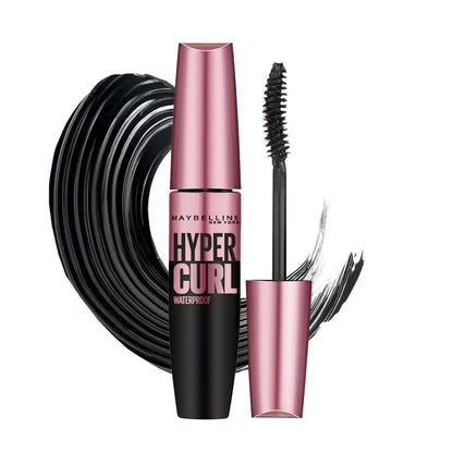 Maybelline Hyper Curl mascara with black and pink design on a white background