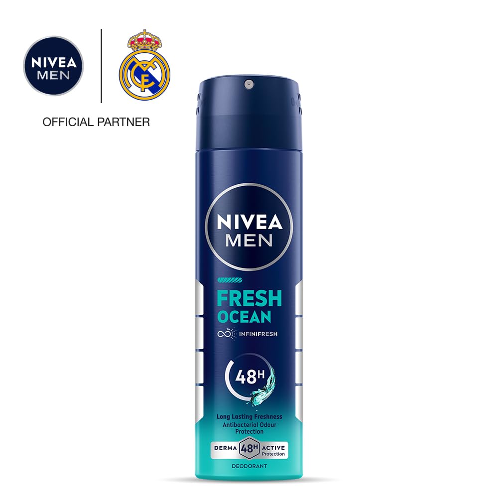 NIVEA Men Fresh Ocean Deodorant Spray, 150ml | 48 H Active Odour Protection | Fresh Long Lasting Deo for men | Fights Odour causing bacteria | Aqua and Sandalwood | 150ml