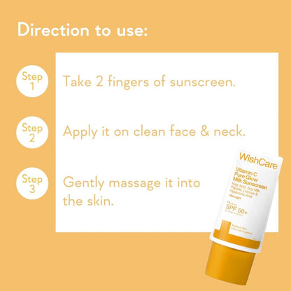 WishCare Vitamin C Pure Glow Milk Sunscreen with SPF 50 PA++++ In-Vivo Tested | Glowing Skin with Broad Spectrum Protection | Ultra Lightweight, Oil Free & No White Cast | For All Skin Types | 30ml