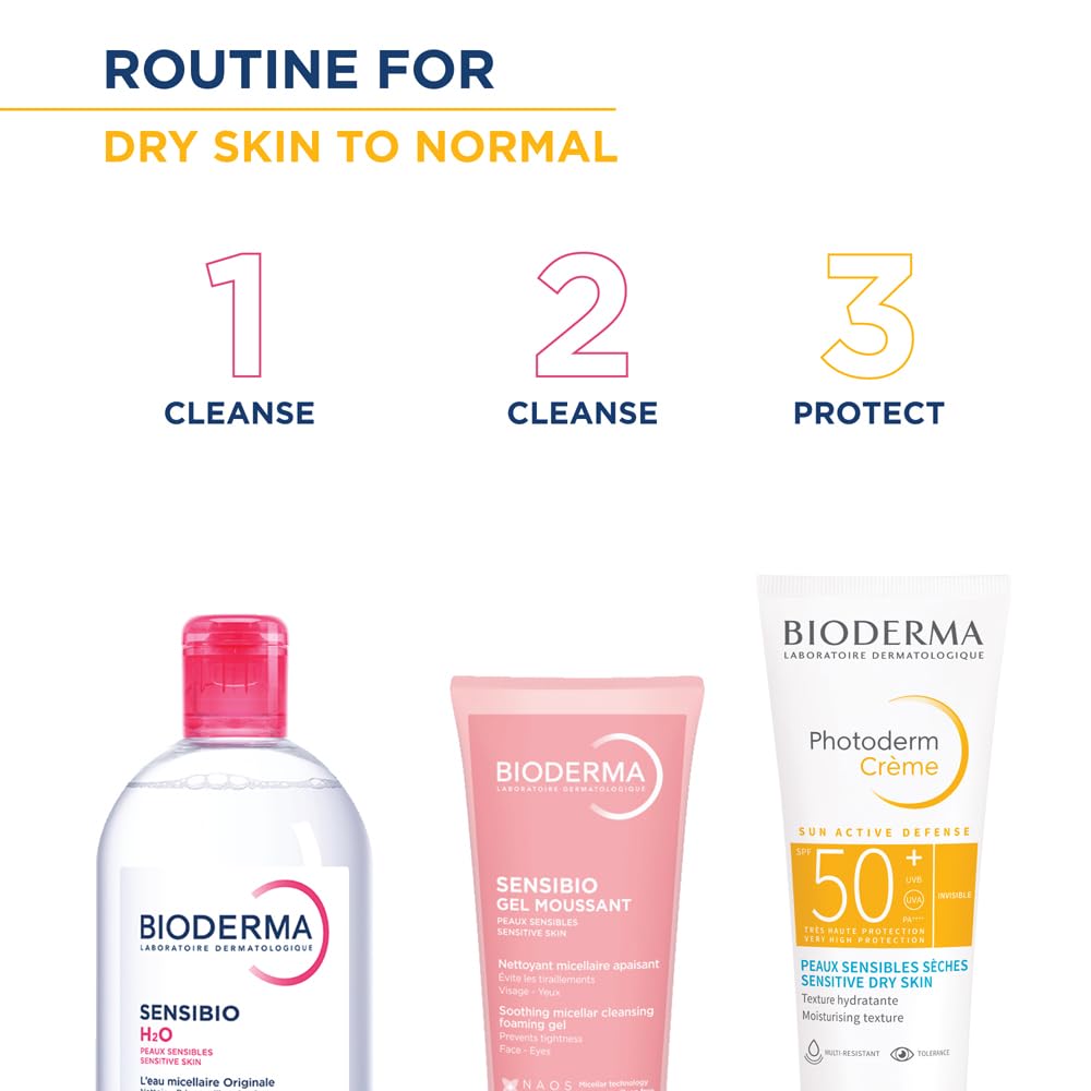 Bioderma skincare products with step-by-step routine for dry skin to normal on a white background.