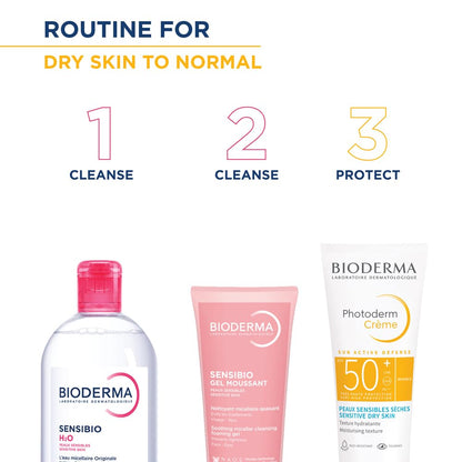 Bioderma skincare products with step-by-step routine for dry skin to normal on a white background.