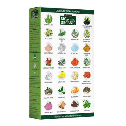 Bio Organic powder packaging with various herbs and their names on a white background