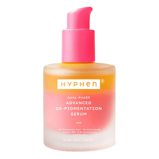 Hyphen dual-phase advanced de-pigmentation serum bottle with pink cap on a white background