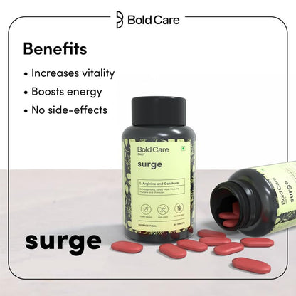 Bold Care surge supplement bottle with pills on a light background
