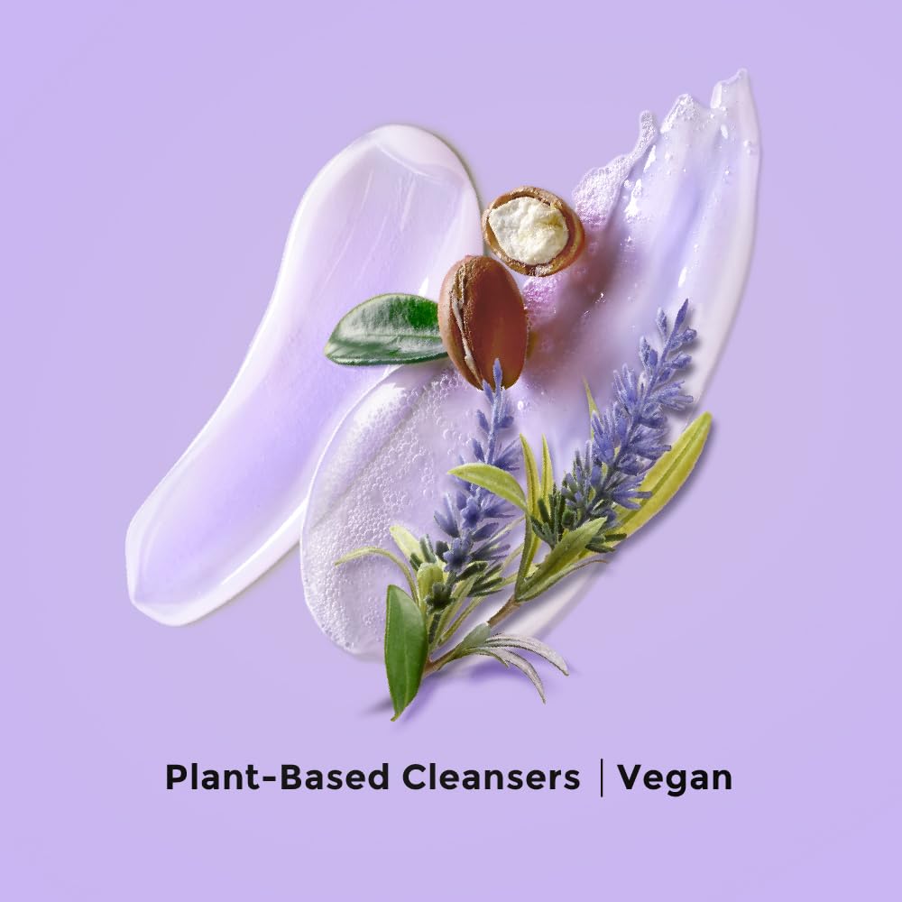 Plant-based cleansers with lavender and almond on a purple background, labeled 'Plant-Based Cleansers | Vegan'.