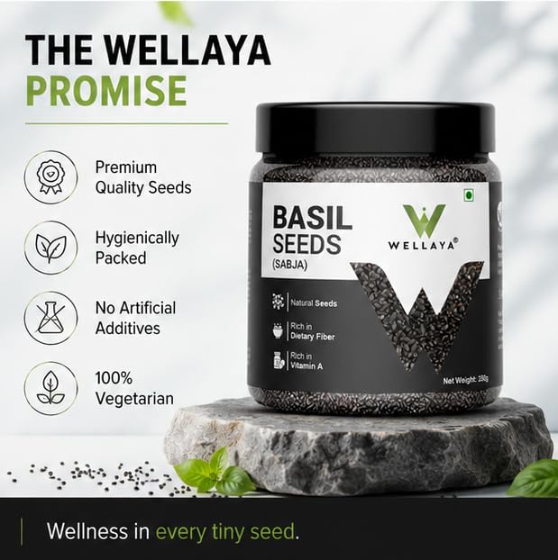 WELLAYA Basil Seeds - 350gm | High Fibre Tukmaria Seeds for Eating | Sabja Seed | Weight Management