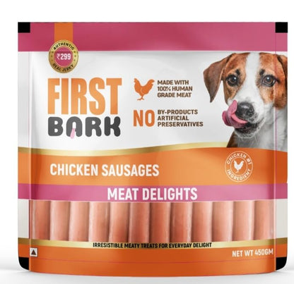 First Bark Chicken Sausages for Dogs 450g (Pack of 1), High Protein Made with 100% Human Grade Chicken Meat Dog Treats, Soft & Tasty Training Snacks for All Dog Breeds Newly Launched By DogsNCats