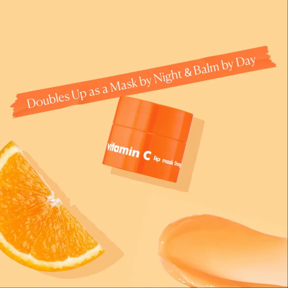 Orange lip mask with an orange slice and text on a beige background