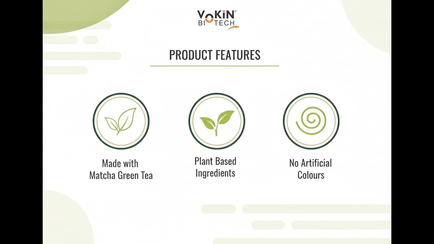 Vokin Biotech product features with green tea and plant-based ingredients on a white background