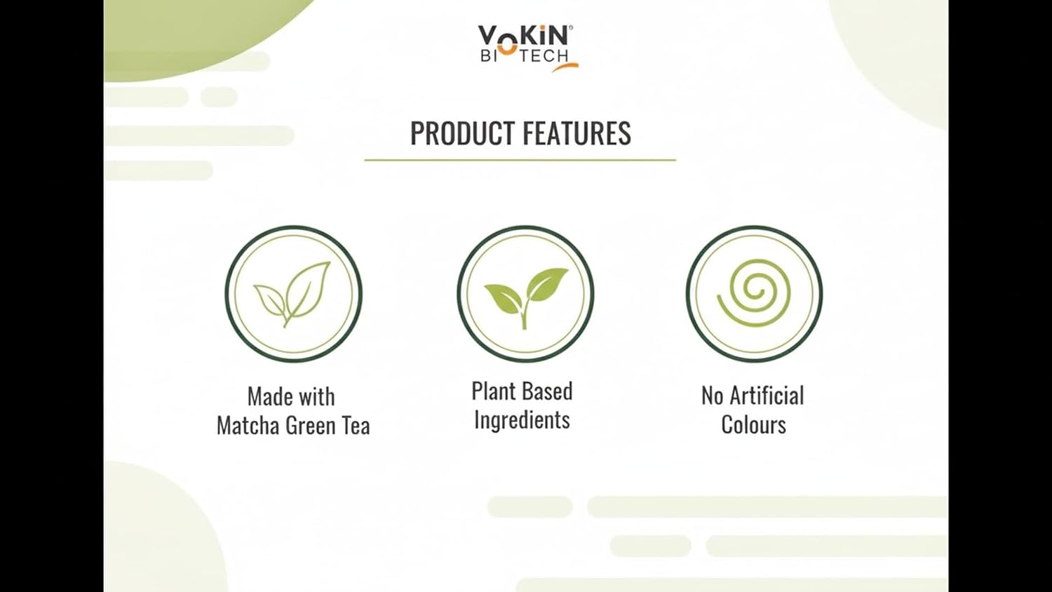 Vokin Biotech product features with green tea and plant-based ingredients on a white background
