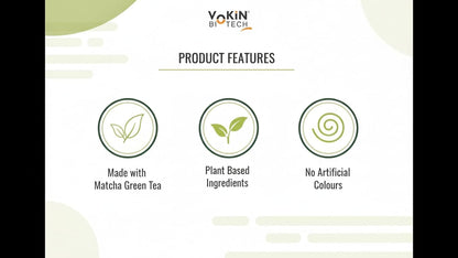 Vokin Biotech product features with green tea and plant-based ingredients on a white background