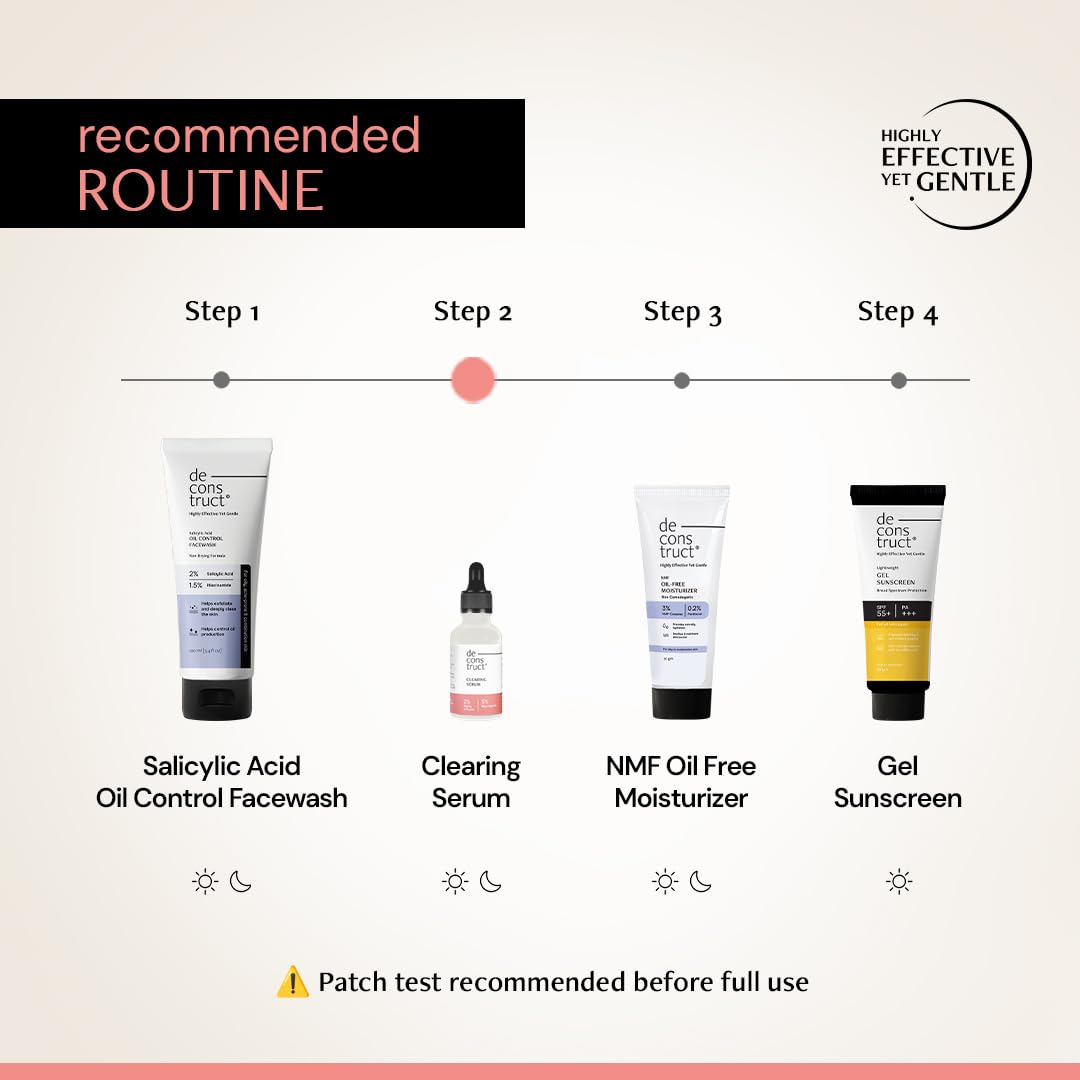 Skincare routine diagram with products and steps on a light background