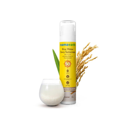 Mamaearth Rice Water Dewy Sunscreen with SPF 50 PA++++ | UVA & UVB Protection | Tan Protection | Gives Glass Skin Glow | No White Cast | For All Skin Types | 50 g