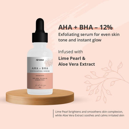 Nirvasa AHA + BHA Exfoliating Serum (30ml) | 10% AHA, 2% BHA & Lime Pearl | Removes Dead Skin Cells, Refines Pores, Improves Texture & Brightens | Silicon-Free, Paraben-Free & Cruelty-Free