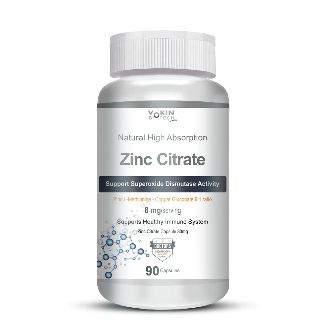 Bottle of Zinc Citrate supplement on a white background