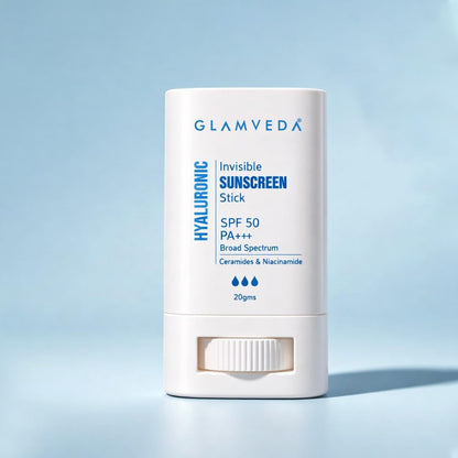 Glamveda Hyaluronic Invisible Sunscreen Stick SPF-50 PA+++ | Blue Light Filter, Hydration with Hyaluronic Acid & Ceramides | Dewy Finish, Easy Application | UVA/UVB Protection | for Men & Women | 20g